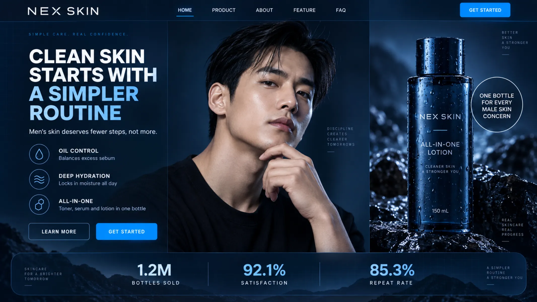 Dark-mode landing page hero for a men's skincare brand, with portrait, product render and a stats bar