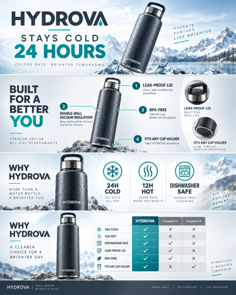 Four stacked Amazon A+ modules for a stainless steel water bottle, with callouts and a comparison table
