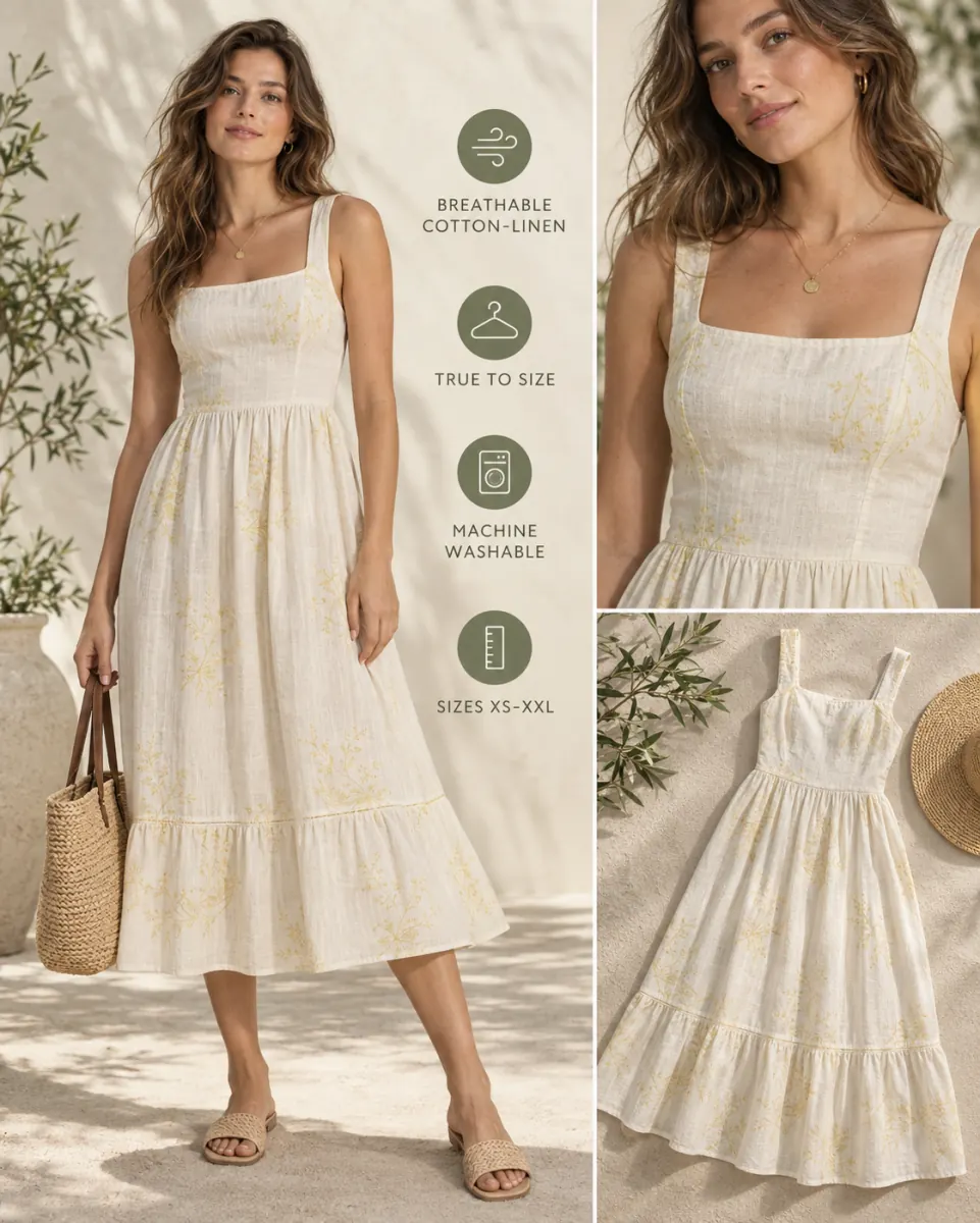 Summer midi dress shown three ways in one listing image: on the model, a fabric crop and a flat-lay