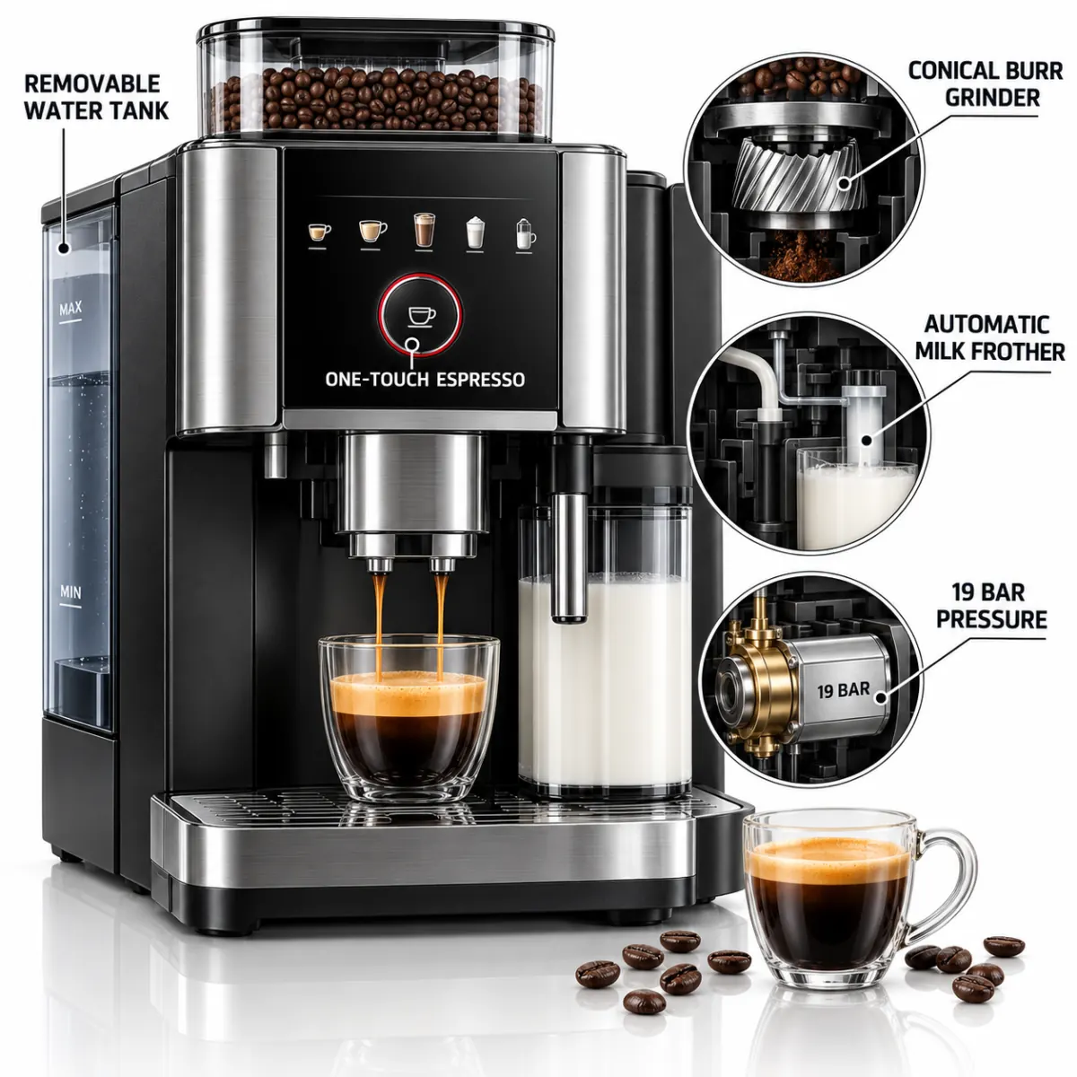 Bean-to-cup espresso machine on seamless white with four labelled component callouts