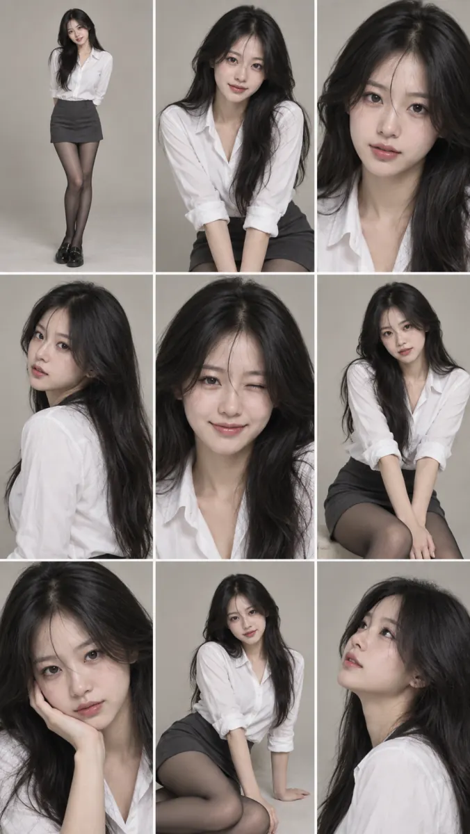 Three by three grid of nine studio portraits of the same woman with varied crops and expressions