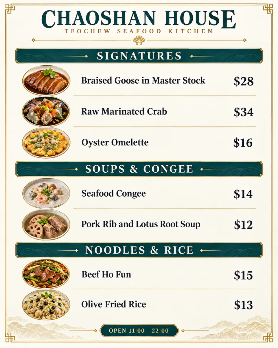 One-page Teochew seafood menu with a circular food photo beside every dish and price