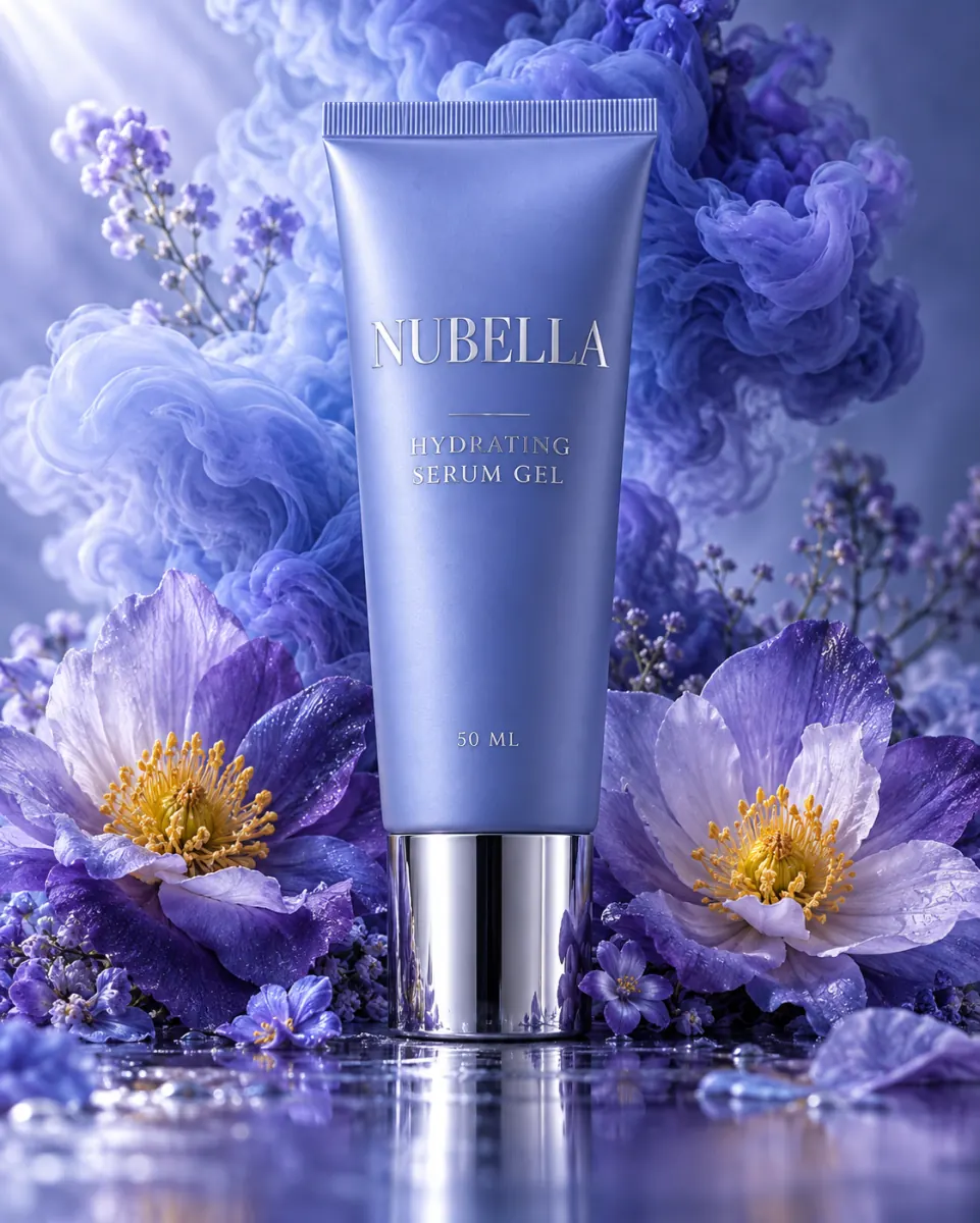 Periwinkle serum tube with a chrome cap standing in swirling violet smoke between two blossoms