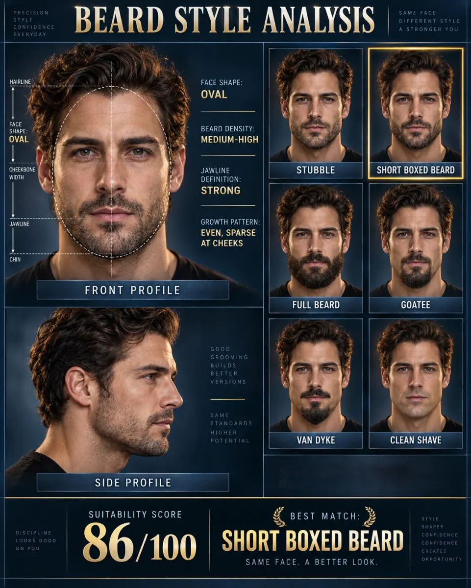 Beard analysis poster with jawline overlays and a six-cell grid of the same man in different beard styles