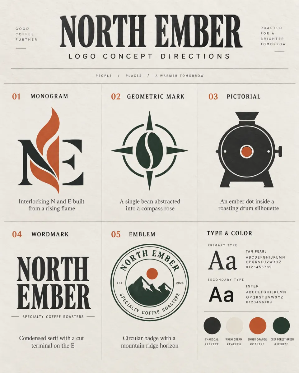 Presentation board with five flat logo concepts for a coffee roastery, each with a one-line rationale