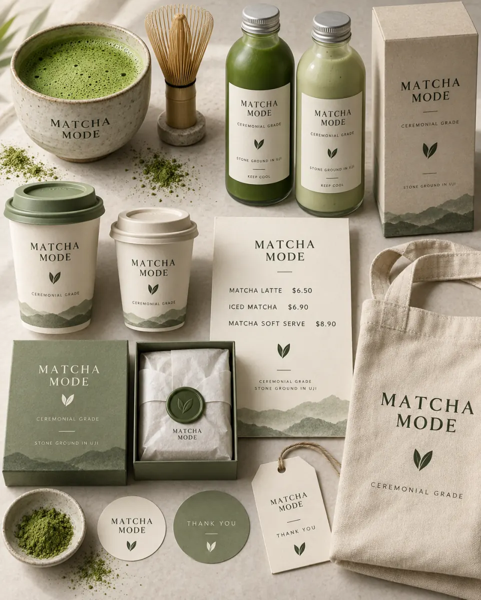 Matcha brand touchpoint board with cups, bottles, boxes, tote, labels and a menu card in one palette