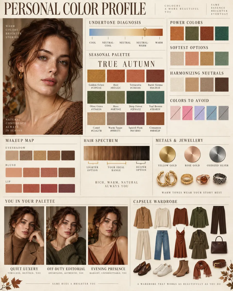 Editorial personal colour analysis report with a studio portrait, seasonal swatches and a makeup map