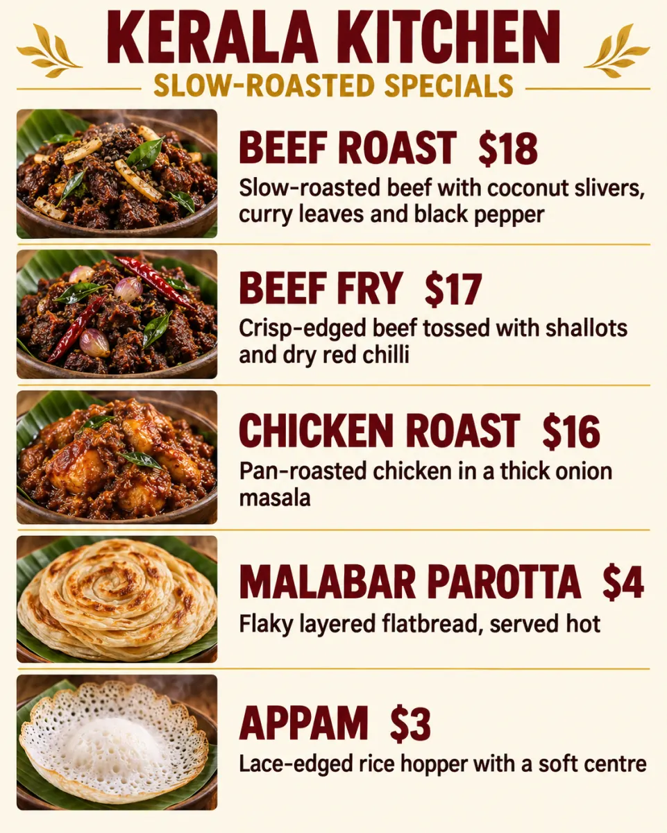 Illustrated Kerala restaurant menu page with a square photo and a one-line description per dish