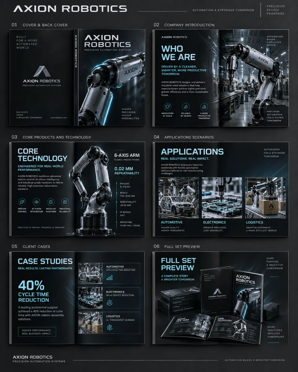 Six brochure page spreads for an industrial robotics company on a dark presentation surface