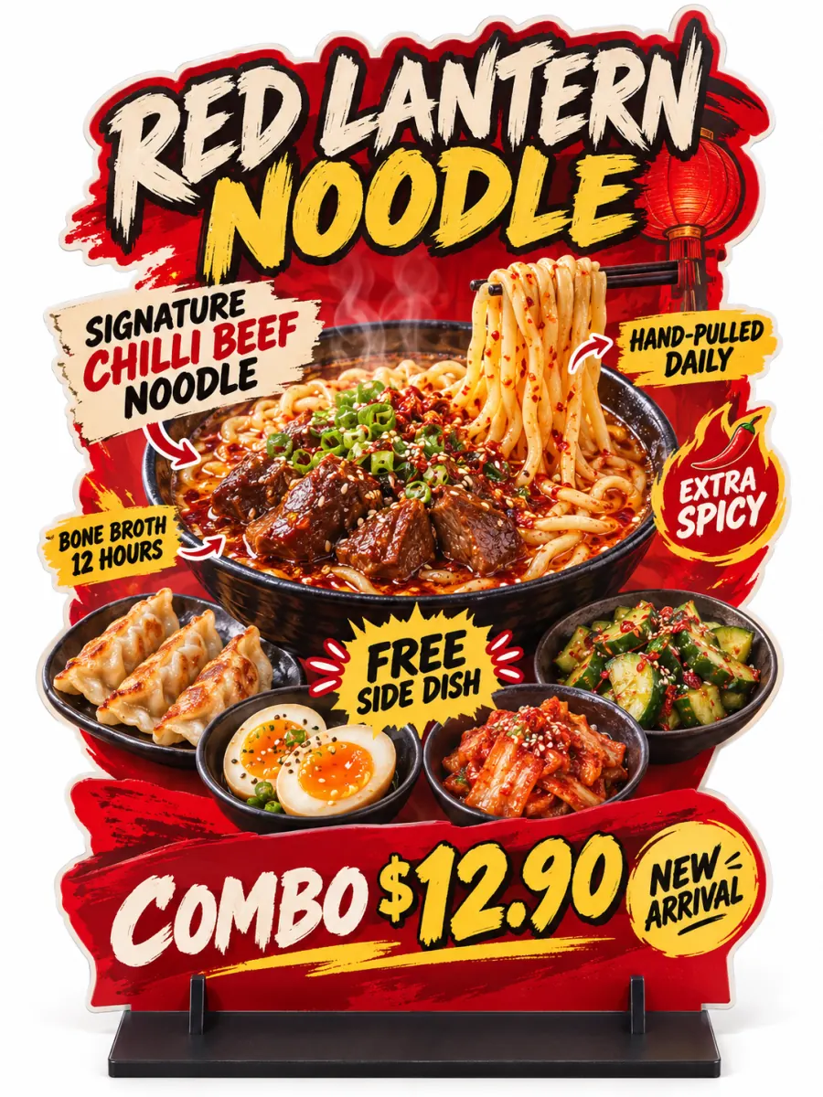 Die-cut floor standee for a chilli beef noodle shop, hero bowl with side dishes and a combo price band