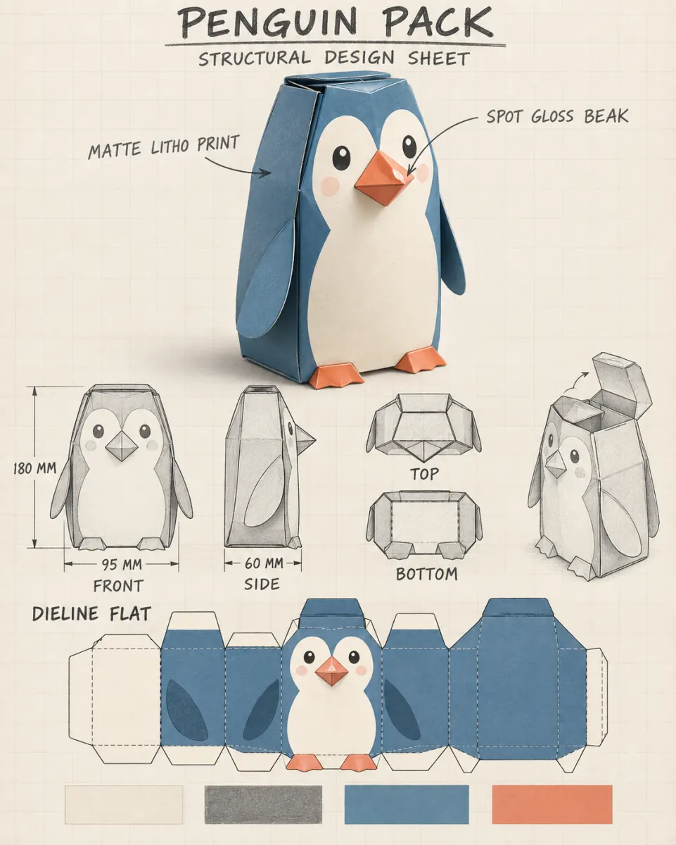 Packaging design sheet for a penguin-shaped carton with a 3D render, orthographic views and a dieline