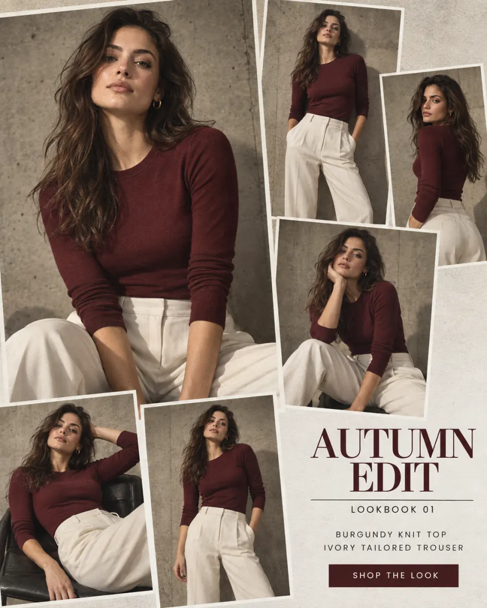Overlapping lookbook frames of a model in a burgundy knit top and ivory trousers on a concrete wall