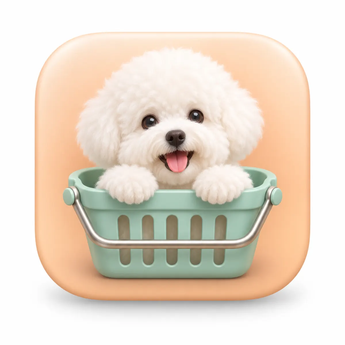 Squircle macOS app icon of a white bichon dog peeking over a shopping basket on white