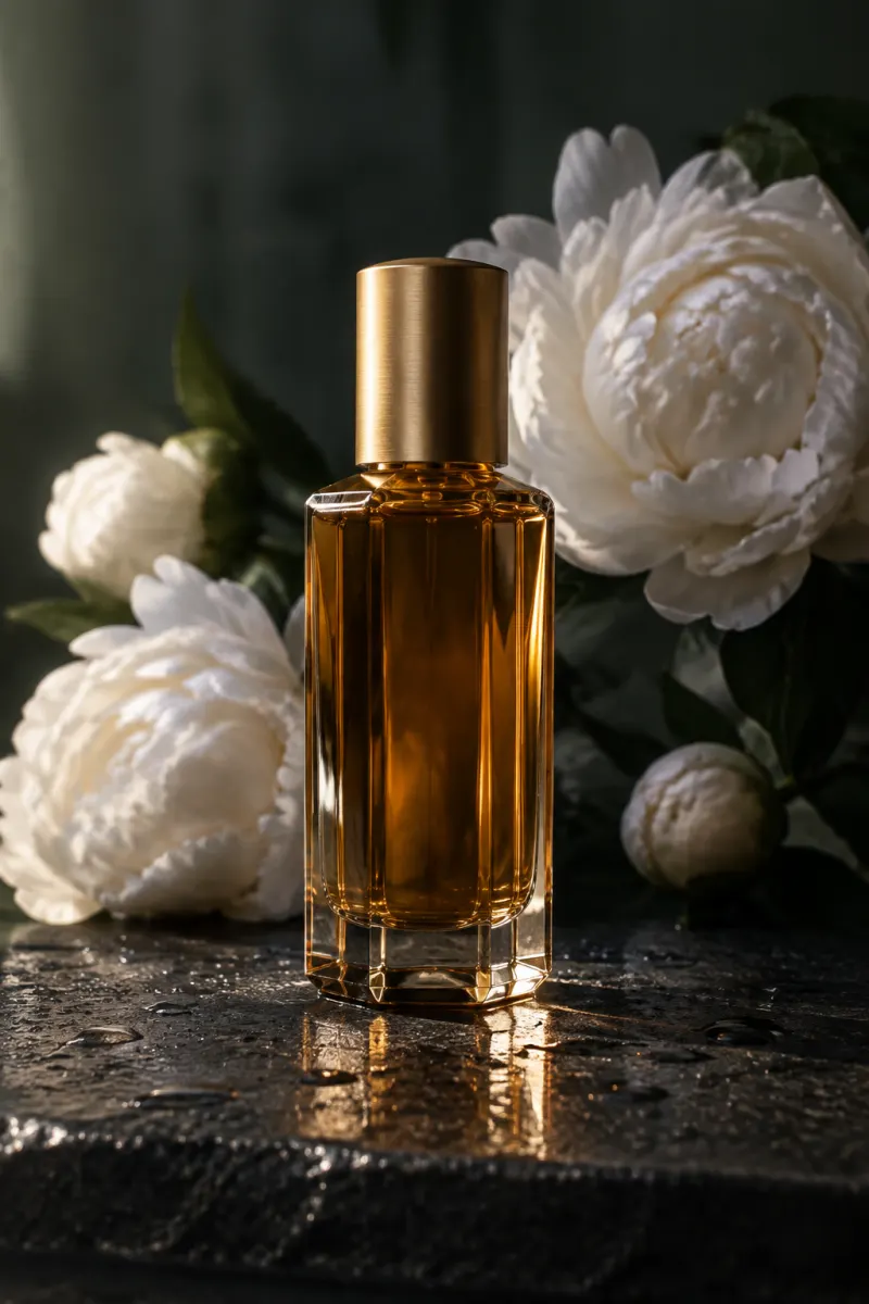 The same perfume bottle on a wet slate shelf after a GPT Image 2.5 Flare edit