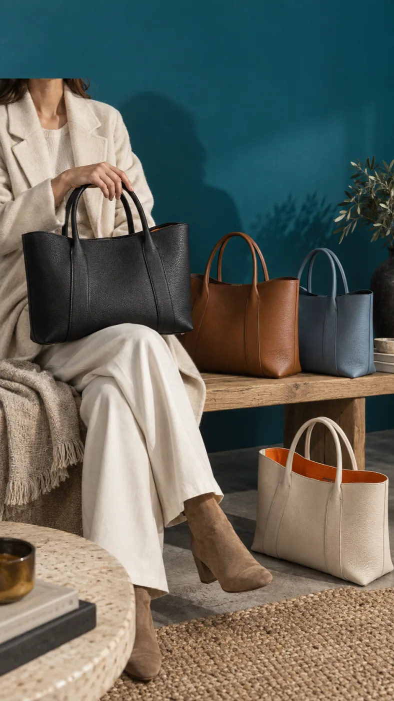 Leather tote bag on a seamless studio backdrop
