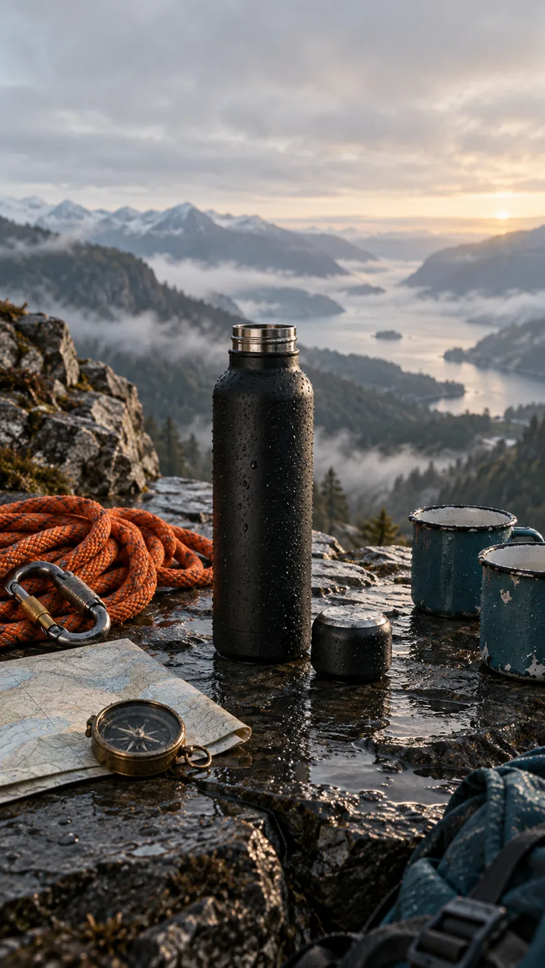 Matte black insulated water bottle on a wet slate ledge at dawn