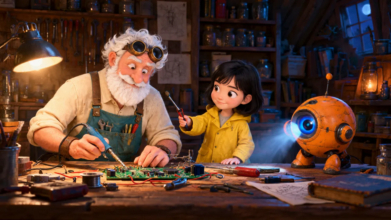 Three characters from a character sheet placed into a new attic workshop scene