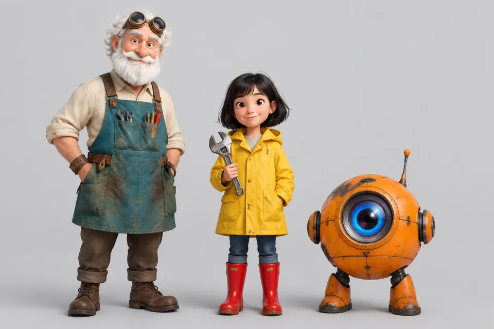 Character sheet with an inventor, a girl in a raincoat and an orange robot