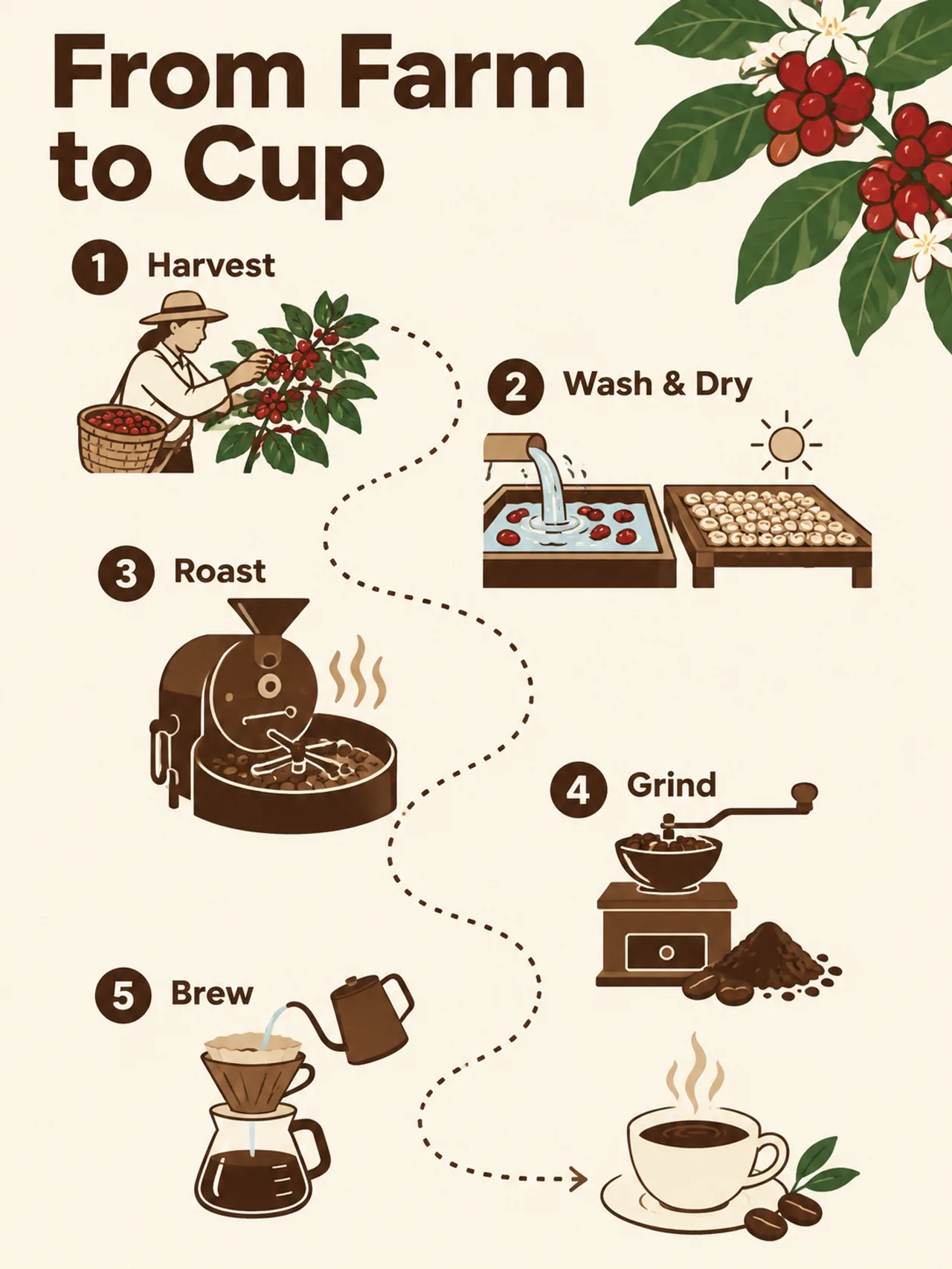 A five-step From Farm to Cup coffee infographic