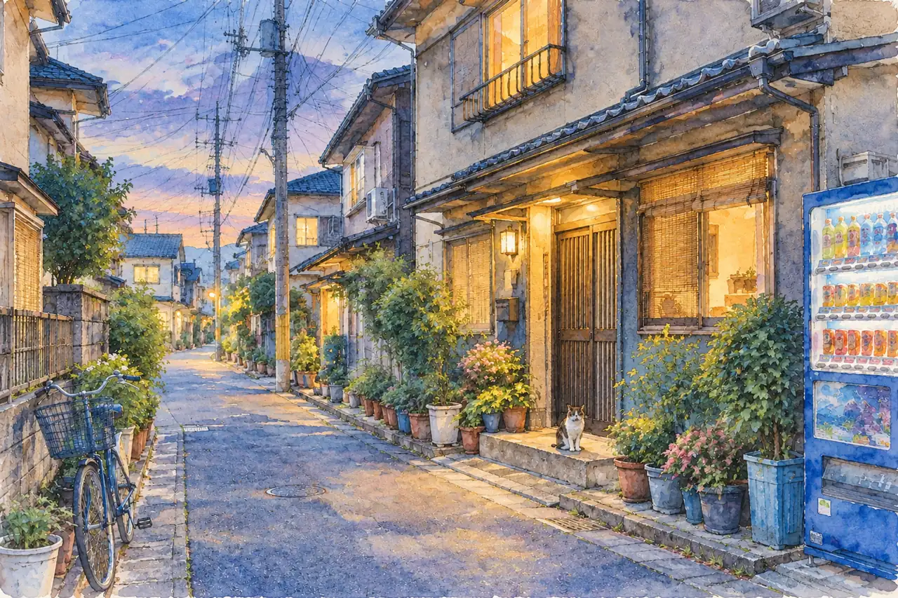 A dusk alley photo turned into a watercolor painting