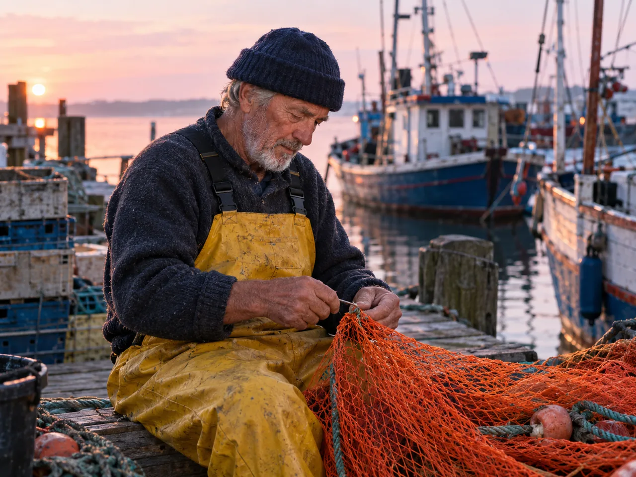 Elderly fisherman in a navy wool cap and yellow overalls mending an orange net on a dock at dawn