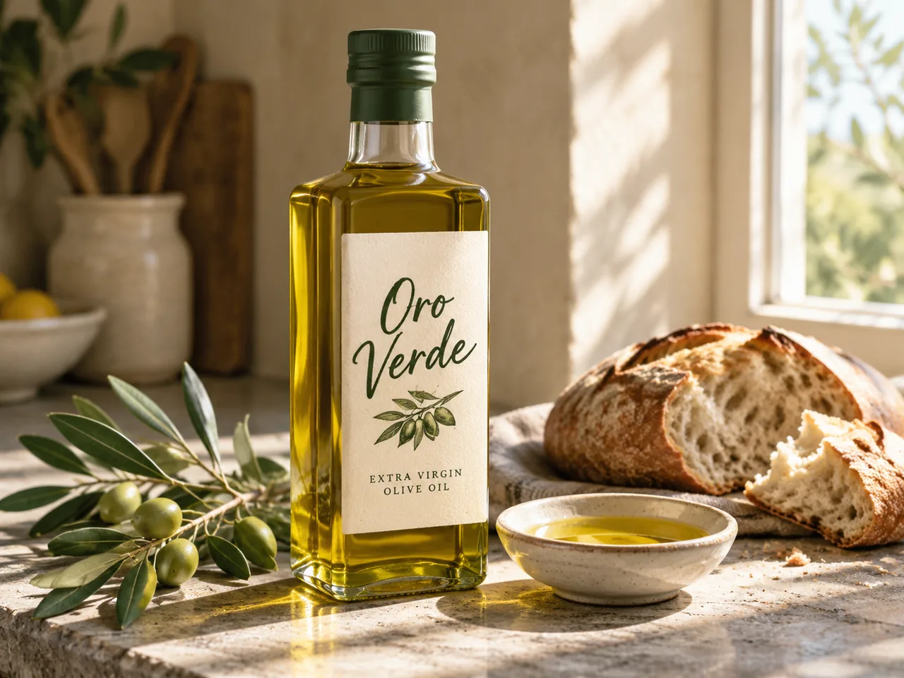 Glass bottle of Oro Verde extra virgin olive oil on a stone counter with an olive branch and bread