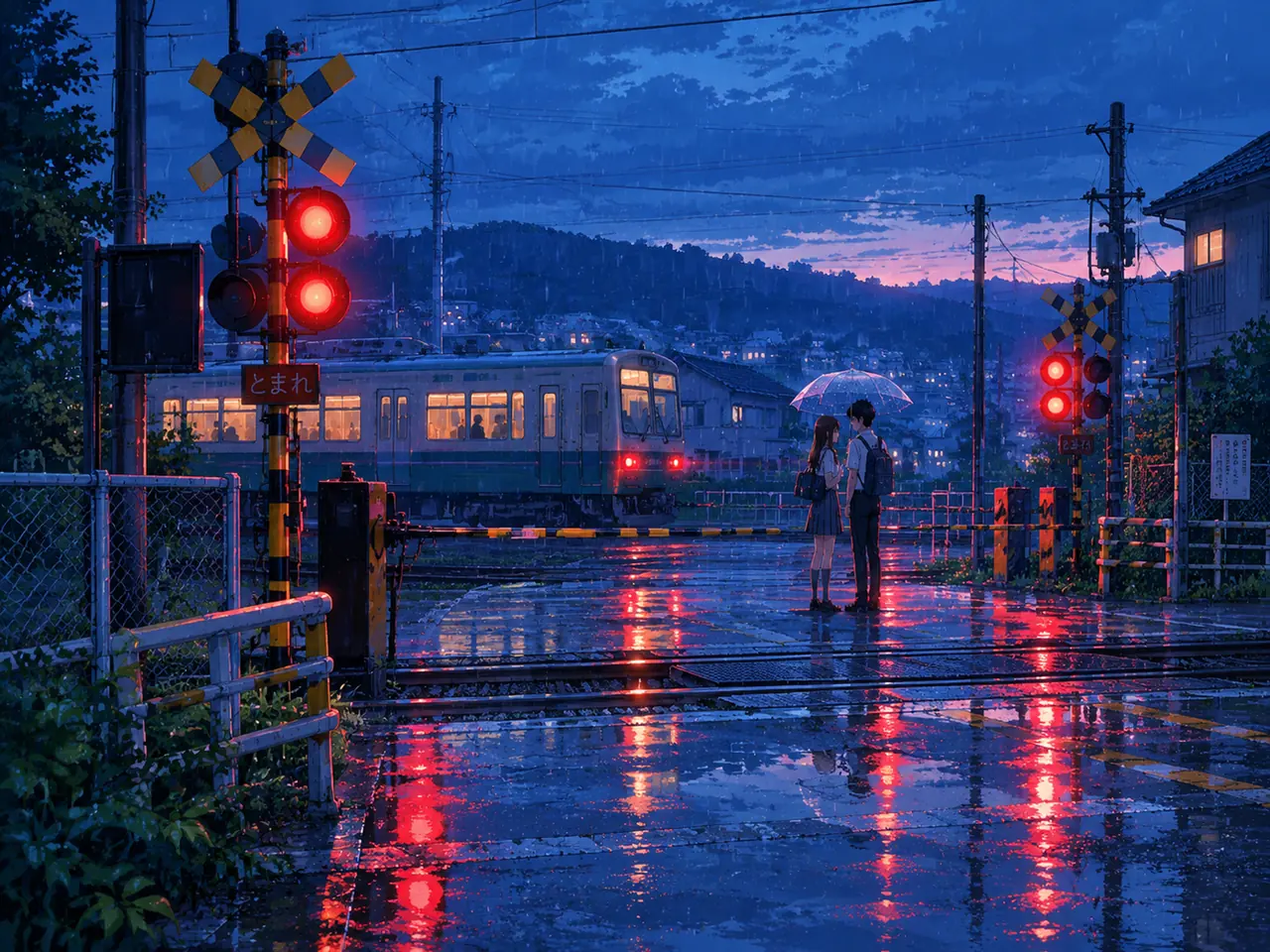 Anime-style students sharing a clear umbrella at a rainy railway crossing at dusk