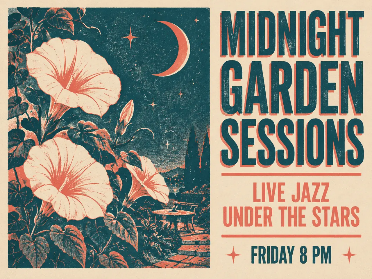 Teal and coral screen-printed poster for Midnight Garden Sessions, live jazz on Friday at 8 PM