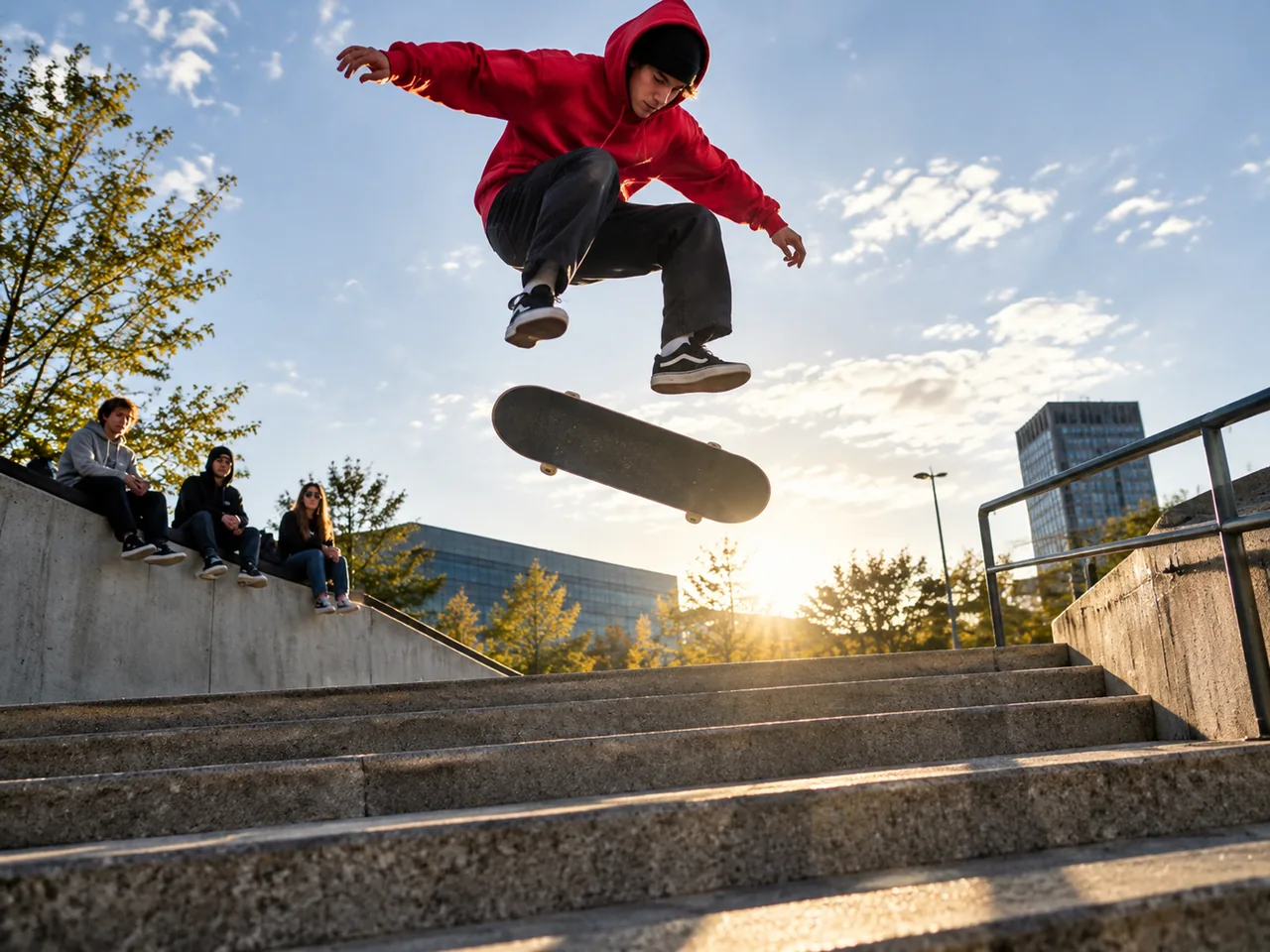 Skateboarder in a red hoodie doing a kickflip over a concrete stair set in a city plaza