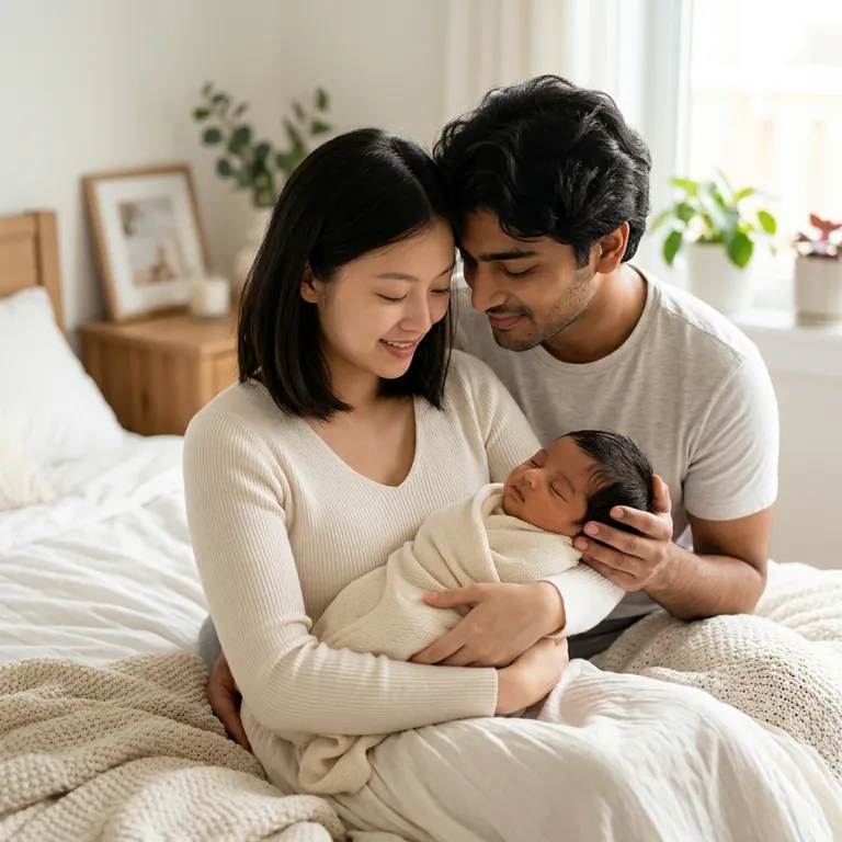 Mom and dad holding their newborn together in a first meeting style photo.