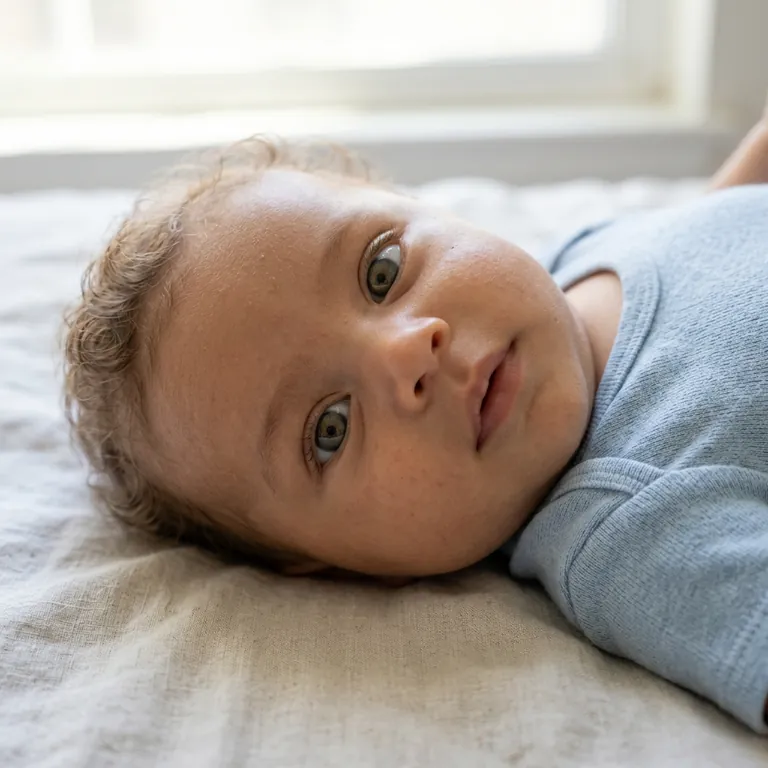 About 2 months old baby boy, wide awake with eyes open.