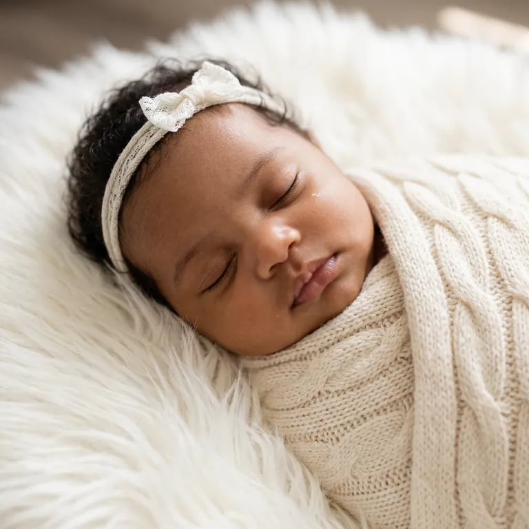 About 1 month old baby girl, asleep, wrapped in a blanket.