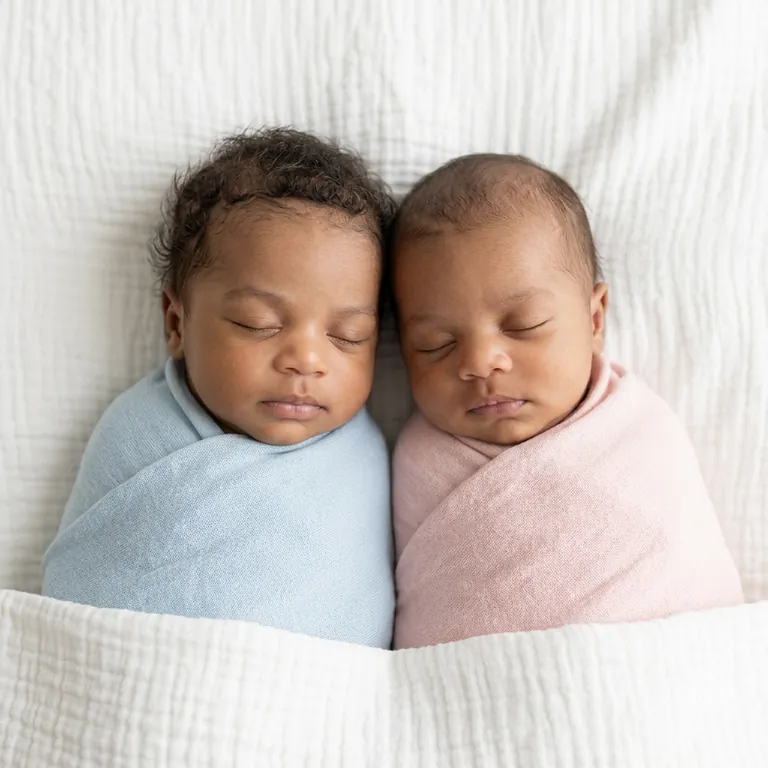 Newborn twins, featuring one boy and one girl resting together.