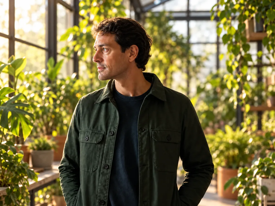Green plants, tall windows and warm late-afternoon light from the left.