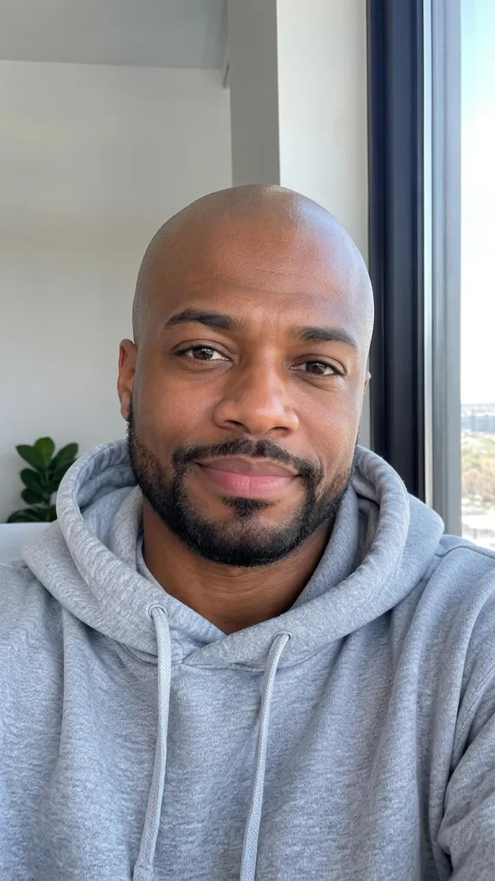 A smooth scalp paired with a neatly trimmed full facial beard style.