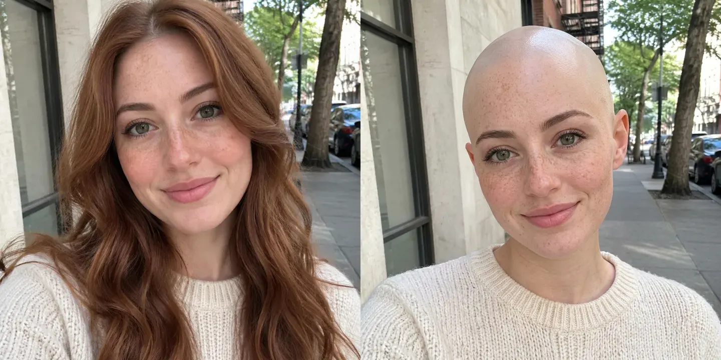 Fictional woman before and after bald photo transformation
