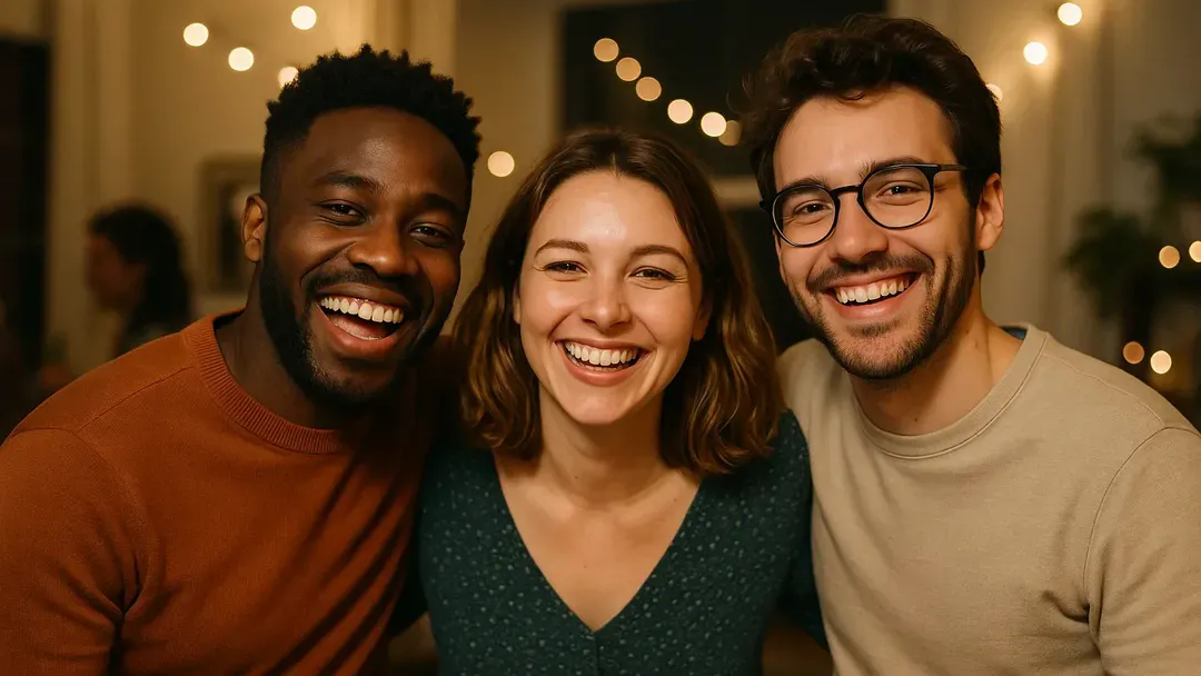 Before: three smiling friends posing under string lights