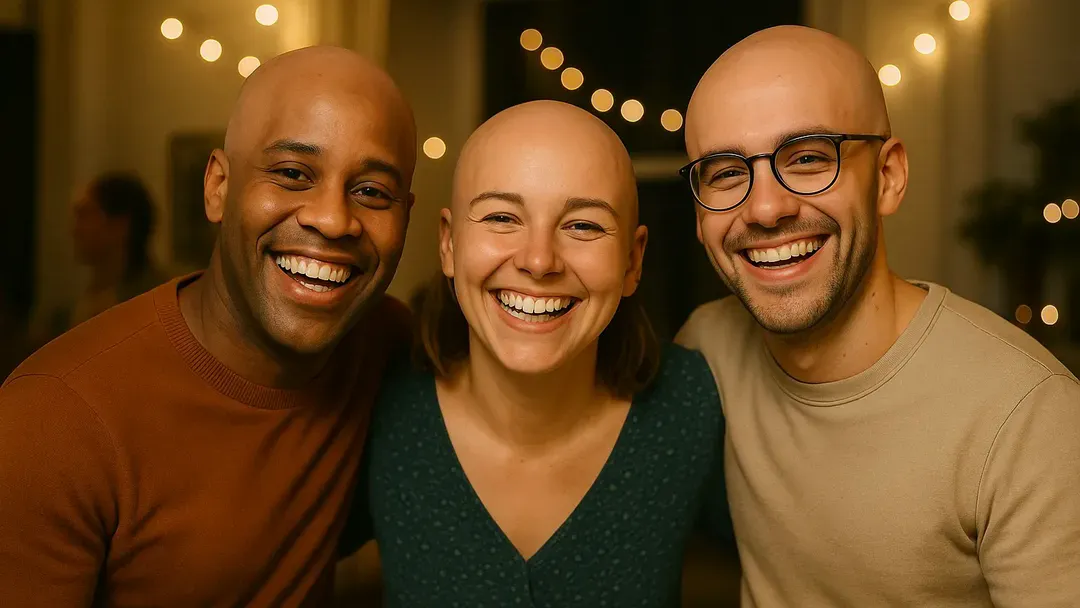 After: the same three friends, all shown bald