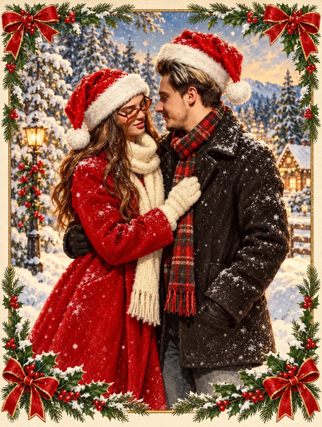 Santa hats, winter coats, frosted pines and a holly border in a classic drawing.