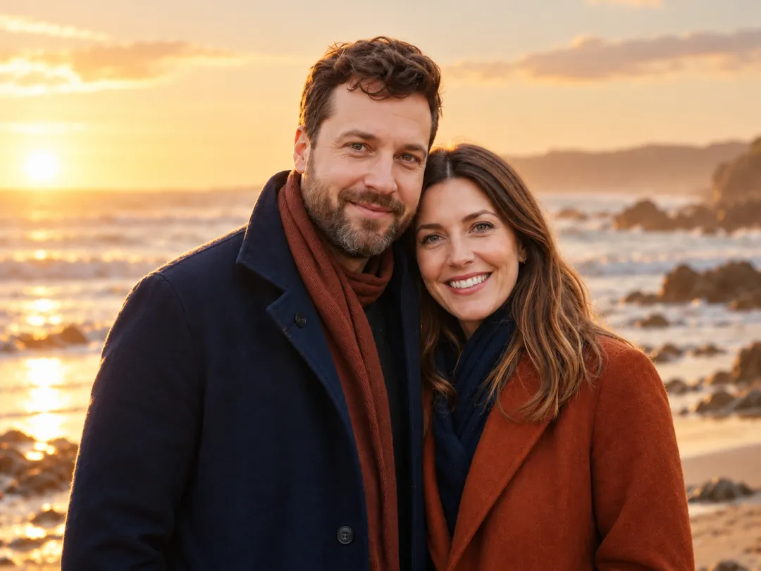 A quiet beach, warm sunset light and coordinated navy and rust coats.