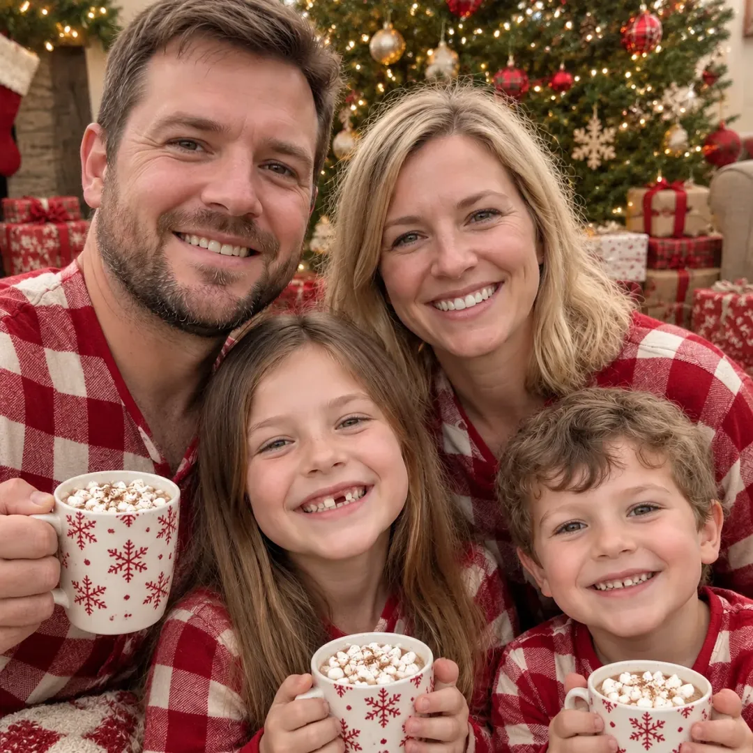 Matching buffalo-check pajamas, a lit tree, presents and cocoa.