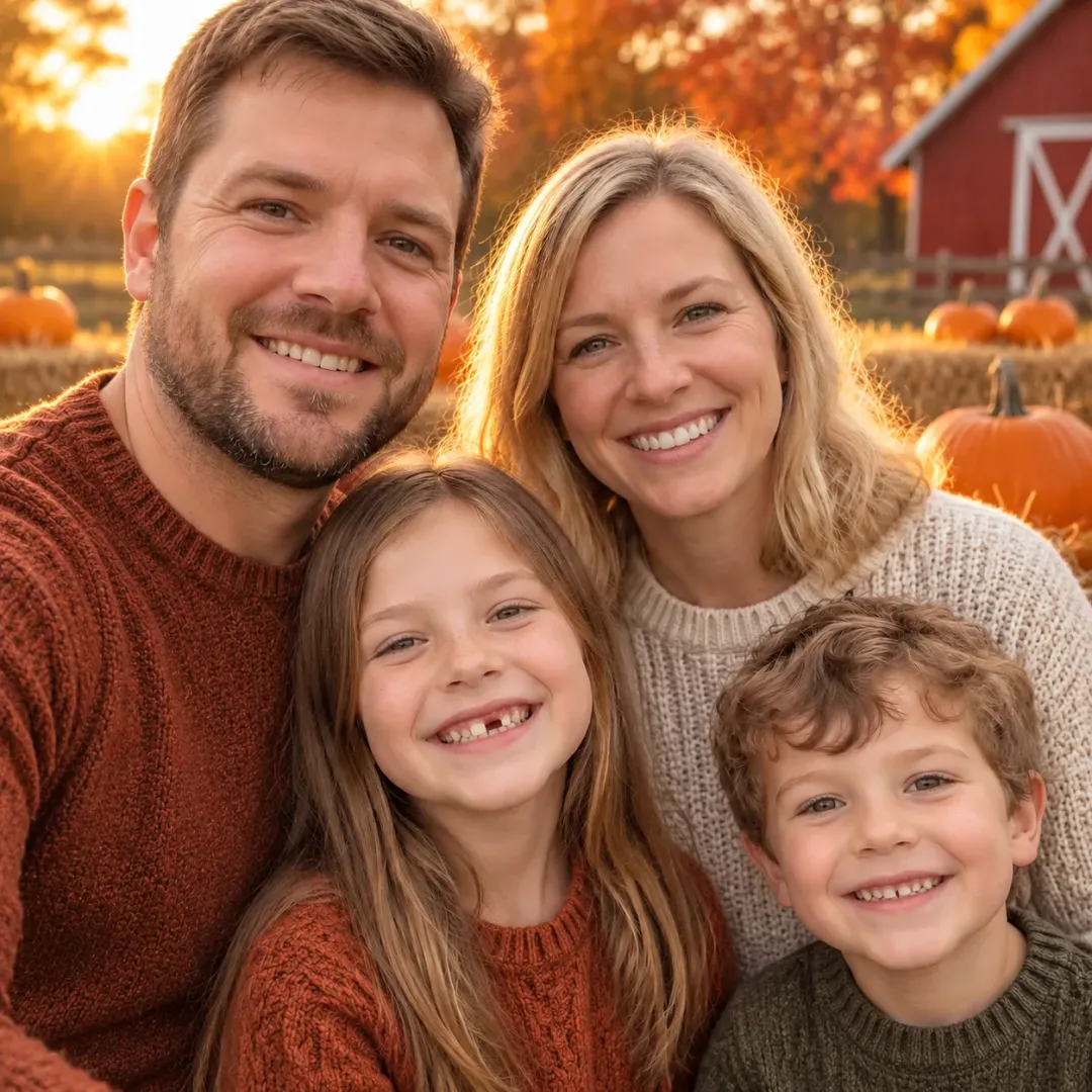 Rust and cream knits, hay bales, pumpkins, a red barn and golden-hour light.