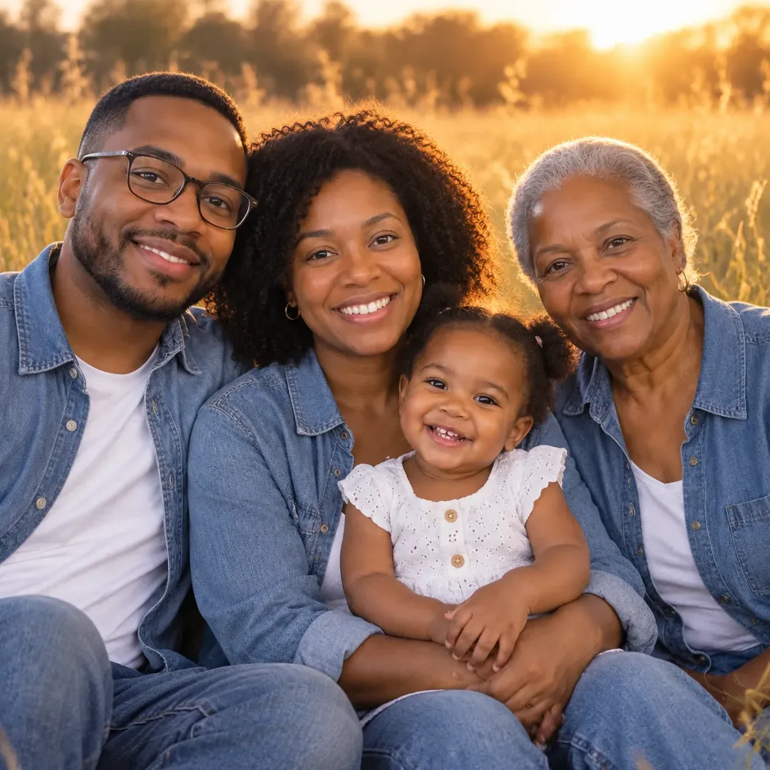 Matching denim and white in tall golden grass with warm backlight.