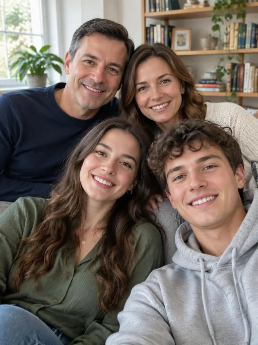 AI family photo of four fictional people