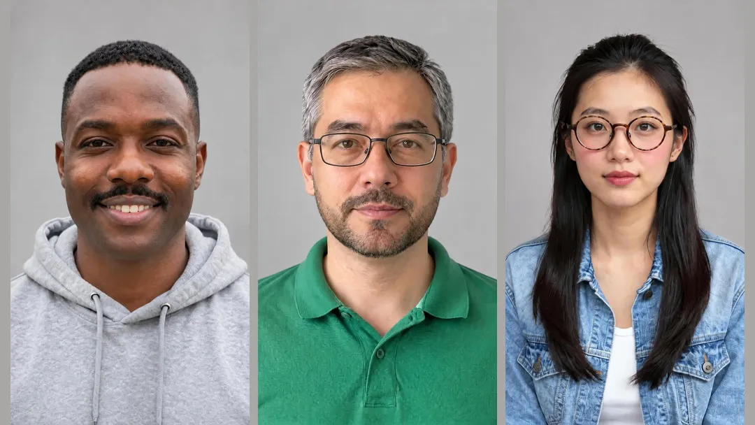 Three example looks shared online: a smiling man with a moustache in a grey hoodie, a man with glasses and a short beard in a green polo, and a young woman with round glasses and soft makeup in a denim jacket