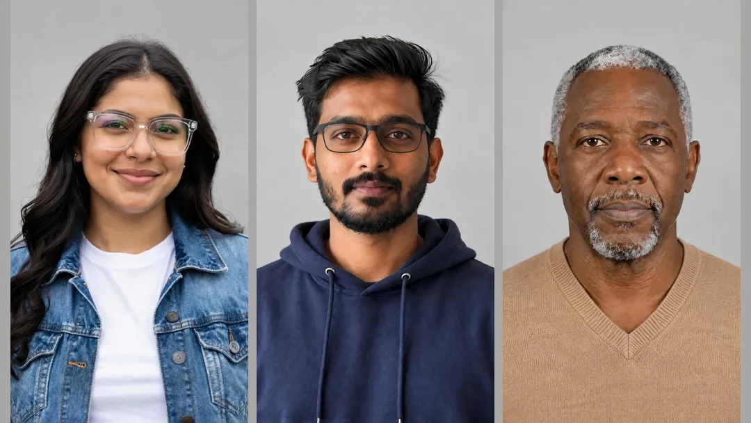 Three example looks shared online: a woman in a denim jacket with clear glasses, a young man in a navy hoodie with black glasses, and an older man in a camel V-neck sweater