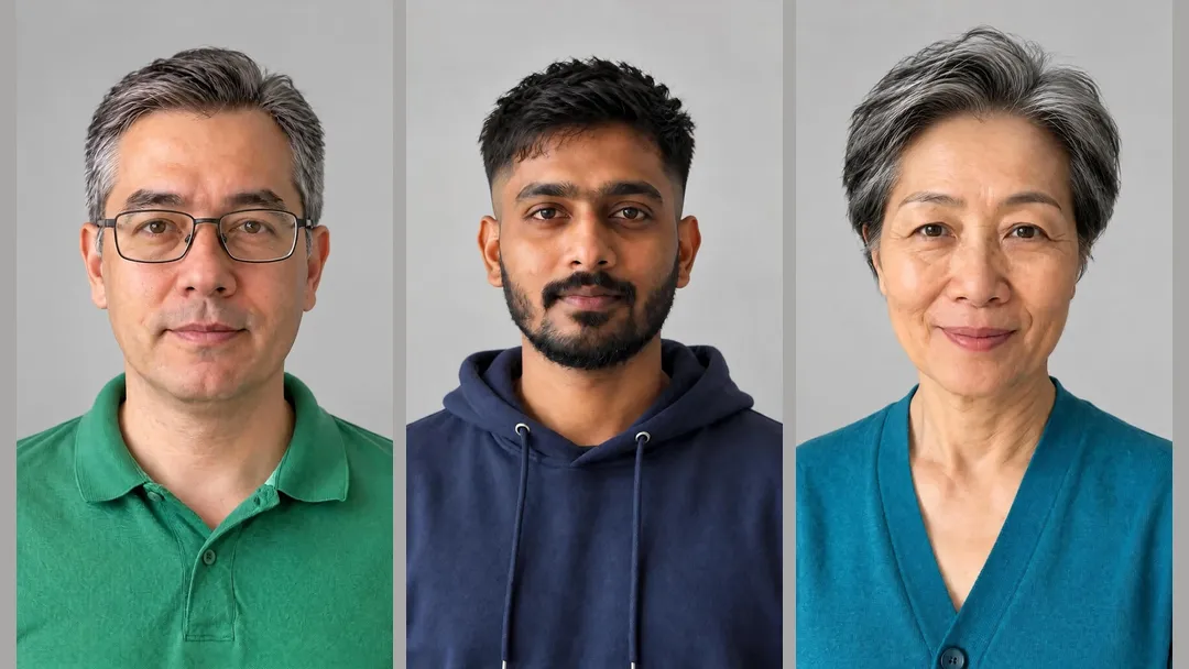 Three example haircuts shared online: a man with grey-flecked hair in a green polo, a young man with a short dark cut in a navy hoodie, and a woman with a short silver cut in a teal cardigan
