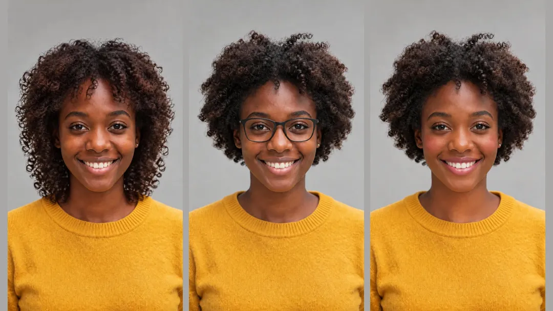 Three example looks shared online of the same woman in a yellow sweater: longer curly hair, black glasses, and soft makeup