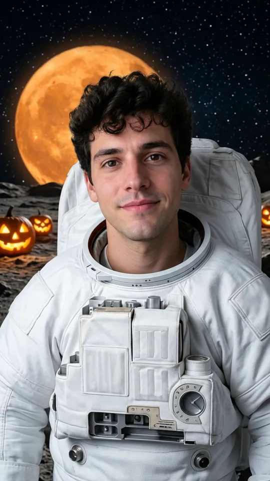 Plain white spacesuit, no helmet, showing face, moon surface with giant orange moon, jack-o'-lanterns.