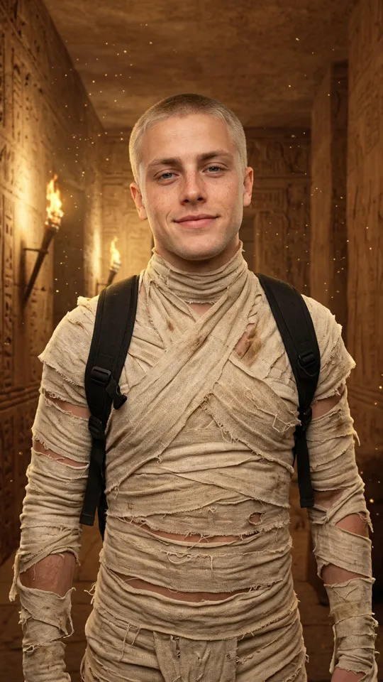 Linen bandages on body and limbs, face uncovered, Egyptian tomb background with bright torches.